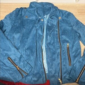 Blue Suede Jacket with Gold Zippers